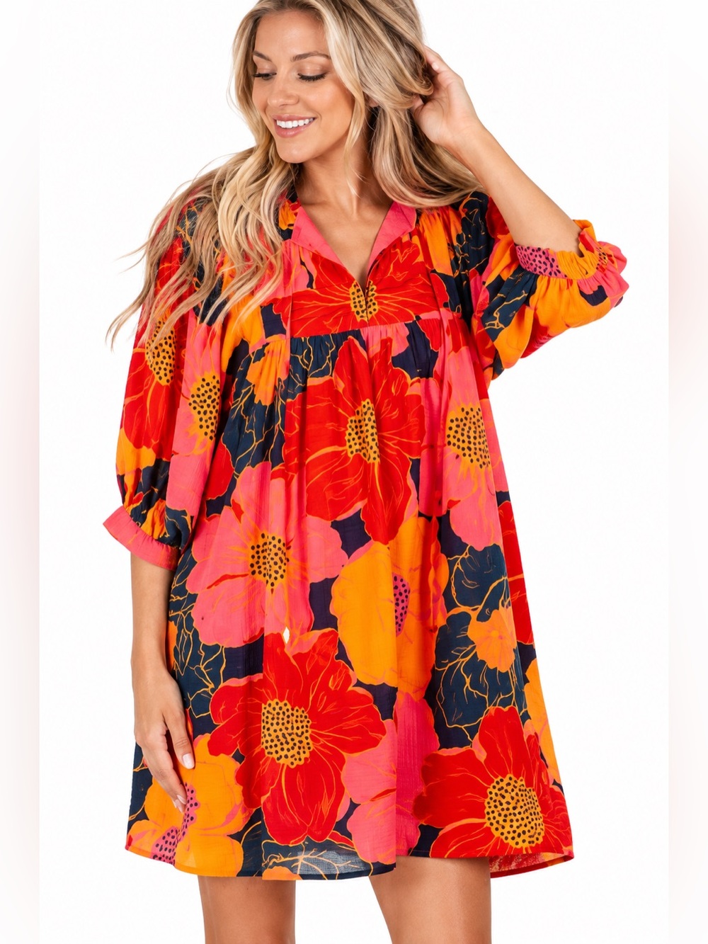 J.Marie Floral Babydoll Mini Dress Pink Orange Navy, Size Large